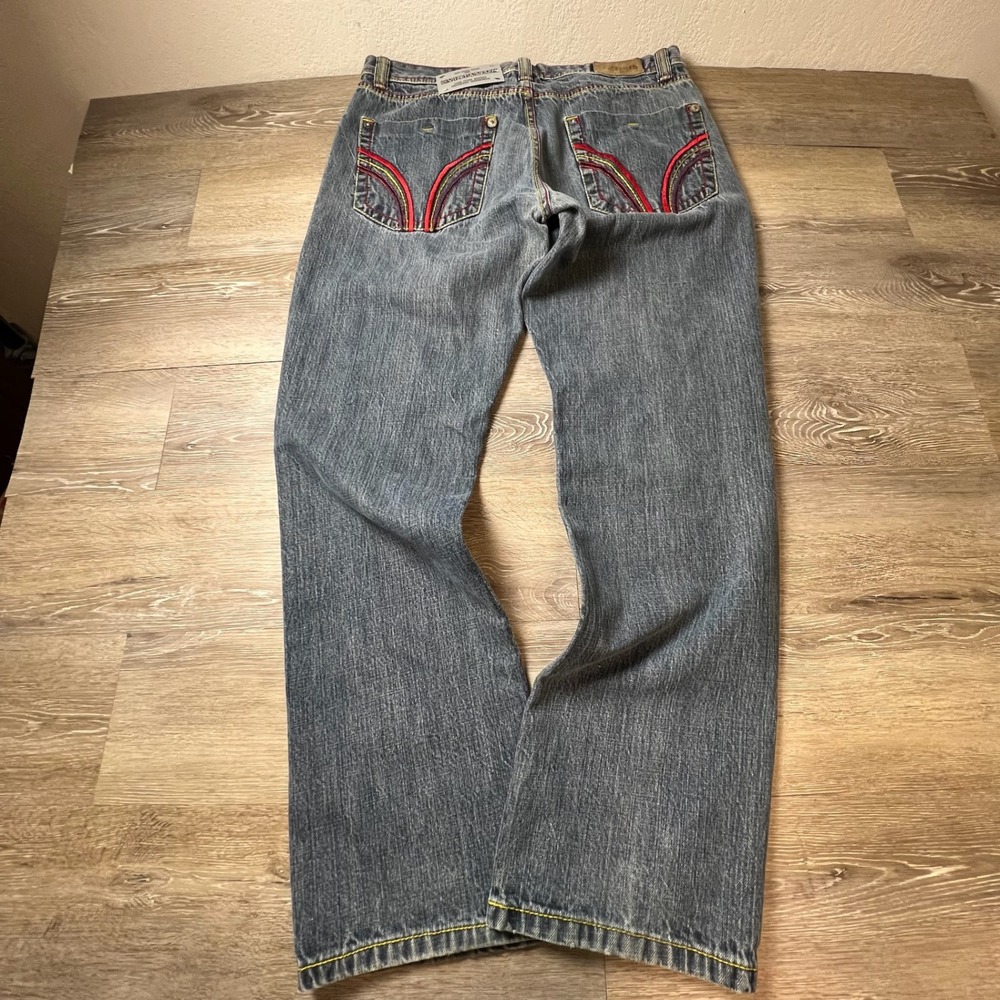 French Jeans Men 34x32 Blue Contrast Stitch Embroidered Y2K Streetwear Skater
